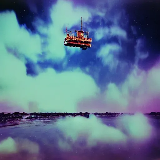 Prompt: film photography of a wooden space station in front of colourful underwater clouds by Kim Keever, low shutter speed, 35mm