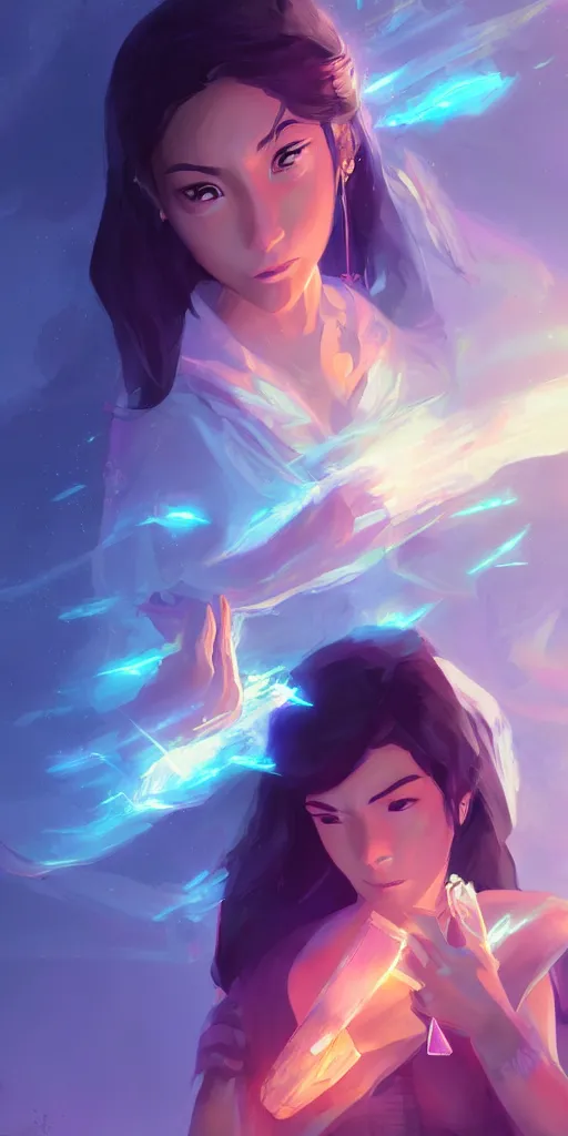 Prompt: beautiful young Himalayan woman with psychic powers, holding crystals, sad, futuristic, somber, by Makoto Shinkai and Wojtek Fus, by studio trigger, rossdraws, dramatic lighting, reflective light