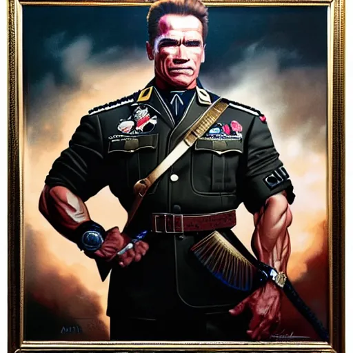 Image similar to uhd photorealistic arnold schwarzenegger in nazi uniform, by amano, ayami kojima, greg rutkowski, lisa frank, mark brooks, and karol bak, masterpiece, cinematic composition, dramatic pose, studio lighting, correct face, hyperdetailed, intricate details