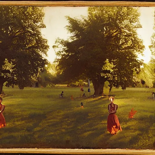 Prompt: Photograph, the warm, golden light of the sun casts a beautiful glow on the scene, and the gentle breeze ruffles the leaves of the trees. The figures in the photograph are engaged in a simple activity, the way they are positioned and the expressions on their faces suggest a deep connection. Peace and contentment, idyllic setting. tintype by Ilya Kuvshinov bold