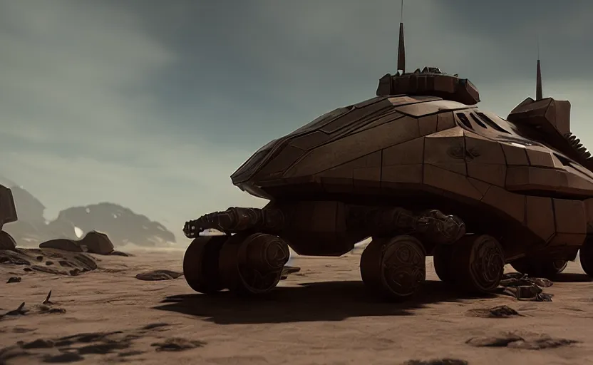 Image similar to an armored futuristic sci fi vehicle, unreal engine, cinematic lighting, texture rust