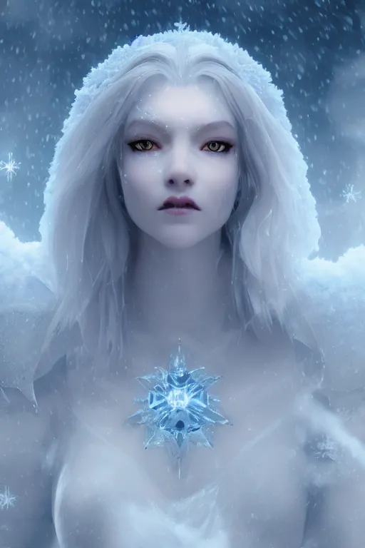 Prompt: ice goddess with beautiful face with a glowing blue crystal on her forehead, frosty white eyes, winter mist around her, white plated armor, pale skin, white smoke ， photorealism, octane render, frostbite, 8 k, cinematic, 3 5 mm, aspect ratio