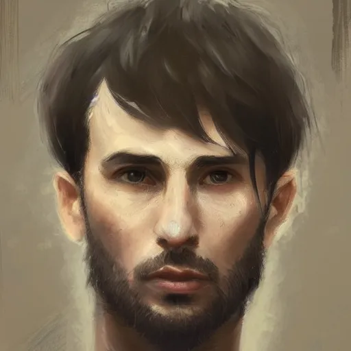 Prompt: portrait of a man by greg rutkowski, he is about 3 0 years old, short black hair with bangs, his features are a mix between french, turkish and russian, very tall and slender, he is wearing a beige and black utility jumpsuit, highly detailed portrait, digital painting, artstation, concept art, smooth, sharp foccus ilustration, artstation hq