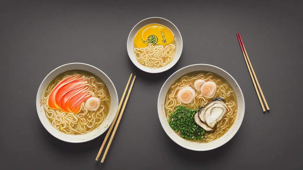 Image similar to an bowl of ramen, japan, a collage painting, in the style of wes anderson, lola dupre, david hockney, isolated on negative white space background dark monochrome neon spraypaint accents volumetric octane render