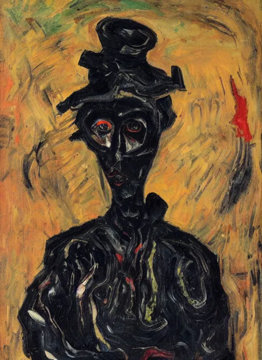 Prompt: an oil portrait of crooked meaty woman in a black fury coat and red dress, dark rich background, a sophisticated composition, in expressive style of Chaim Soutine and Frank Auerbach and Van Gogh, complimentary palette