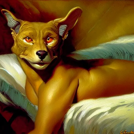 Image similar to a portrait of a furry alien in bed. highly detailed painting by gaston bussiere, craig mullins, j. c. leyendecker, furry