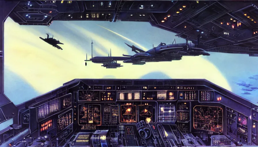 Prompt: highly detailed matte painting science fiction aircraft carrier bridge interior. flight deck, terminals, futuristic, navigation command center, synthetic, military equipment, computer screens. window into space nebula. environment art by syd mead and h. r. giger and john berkley and john harris. concept art, utopian, retro futurism, cinematic lighting, brightly lit - style atmosphere