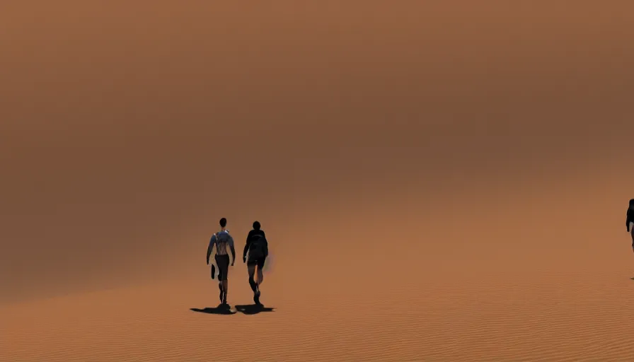 Image similar to survivors walking in desert, sand dunes, heat wave, wide view, hyperdetailed, artstation, cgsociety, 8 k