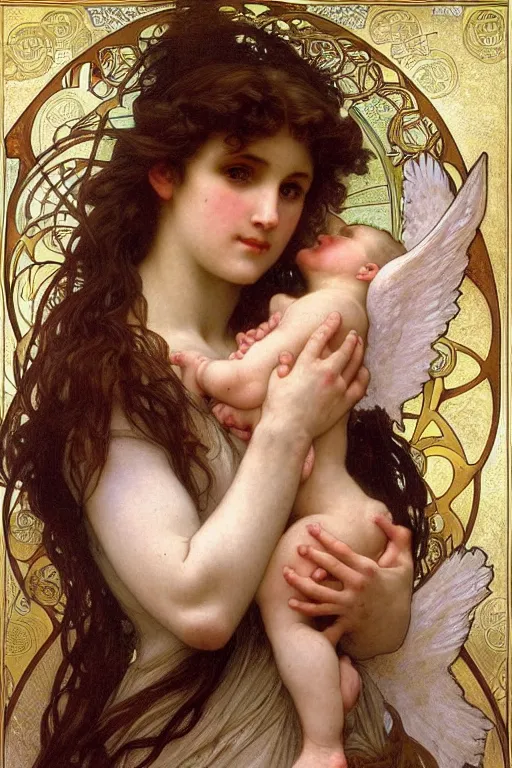 Image similar to portrait of a beautiful angel, intricate, elegant, hyperdetailed by alphonse mucha and william - adolphe bouguereau and john william waterhouse