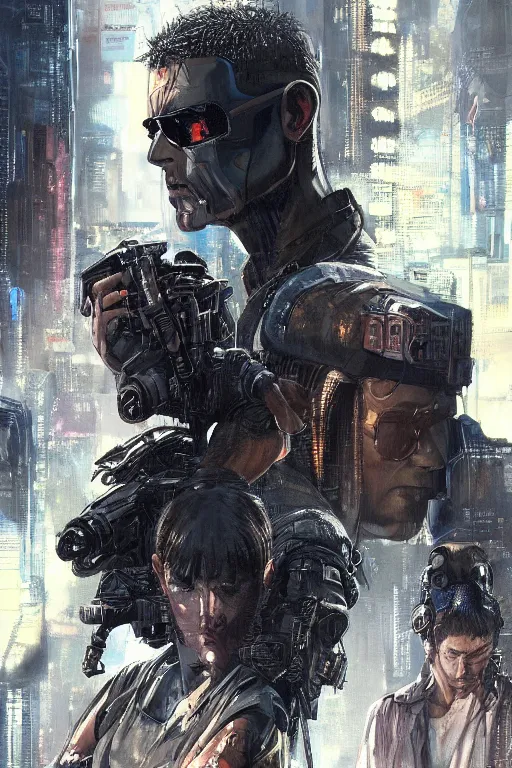 Image similar to cyberpunk military character ( blade runner 2 0 4 9, dystopian, cyberpunk 2 0 7 7 character design ). attractive face. portrait by james gurney and laurie greasley and yoji shinkawa, oil on canvas. cinematic composition, hyper realism, realistic proportions, anatomy, dramatic lighting, photorealistic, high detail, 4 k