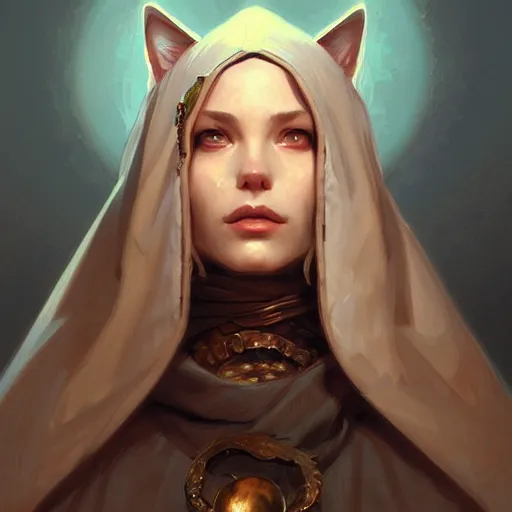 Image similar to portrait of cat wizard wearing a hood, face, fantasy, intricate, elegant, highly detailed, digital painting, artstation, concept art, smooth, sharp focus, illustration, art by artgerm and greg rutkowski and alphonse mucha