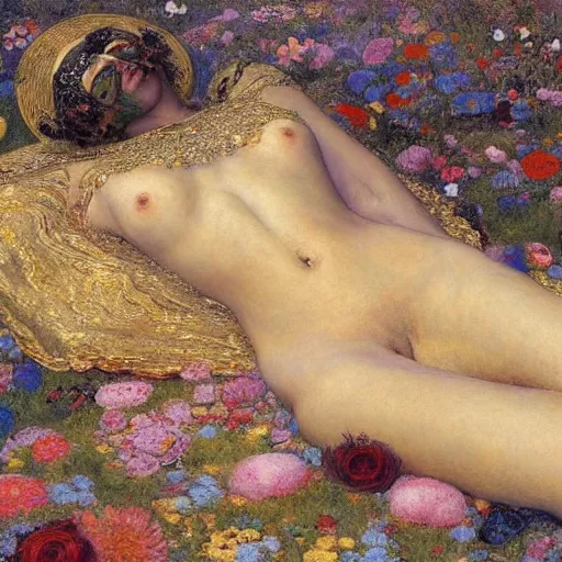 Prompt: masterpiece full body portrait of a beautiful woman with a perfect body lying on an ornate gold and blue carpet in a meadow, by Edgar Maxence and Ross Tran and Michael Whelan and Gustav Klimpt