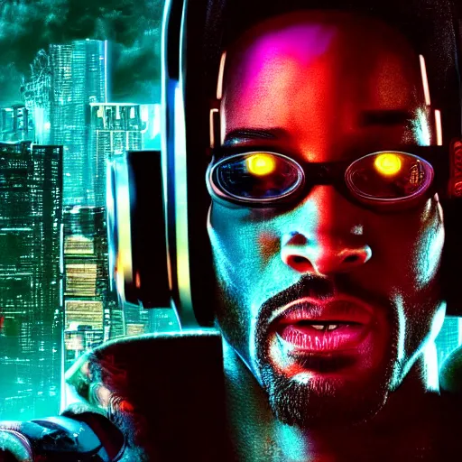 Image similar to epic portrait of cyberpunk Will Smith, Epic Background, highly detailed, sharp focus, cyberpunk style, cyborg, futuristic, 8k, 35mm, cinematic lighting