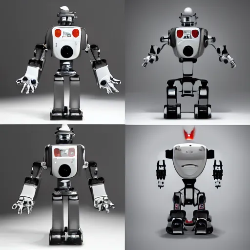 Prompt: a front view, side view and back view of the same robot, the robot has no legs and hovers