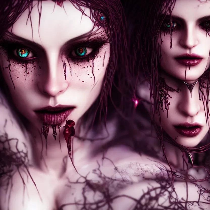 Prompt: enchanting femenine witch, hyper attractive, seductive, very complex, hyper - maximalist, overdetailed, legendary cinematic, darkfantasy, archetype with timeless beauty breathtaking eyes, highly intricate, realism, perspicious detail, silent hill aesthetic, photorealistic, lifelike, dslr 8 k, unbeatable coherency, octane render