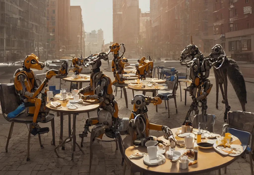 Prompt: accidentally wes anderson award - winning photograph of boston dynamics robots on a lunch break eating breakfast and drinking coffee, epic calm scene, 4 k, detailed, art by greg rutkowsky, trending on artstation, cinematic lighting, filmic grain, golden hour, detailed, 4 k