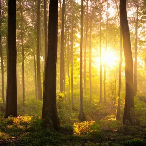 Prompt: a beautiful forest at sunrise