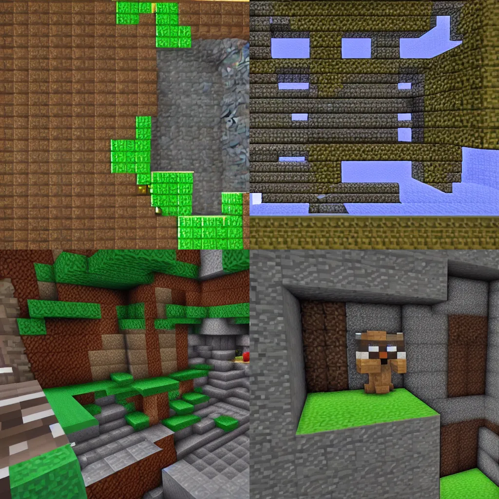 Prompt: a raccoon exploring a chasm in Minecraft