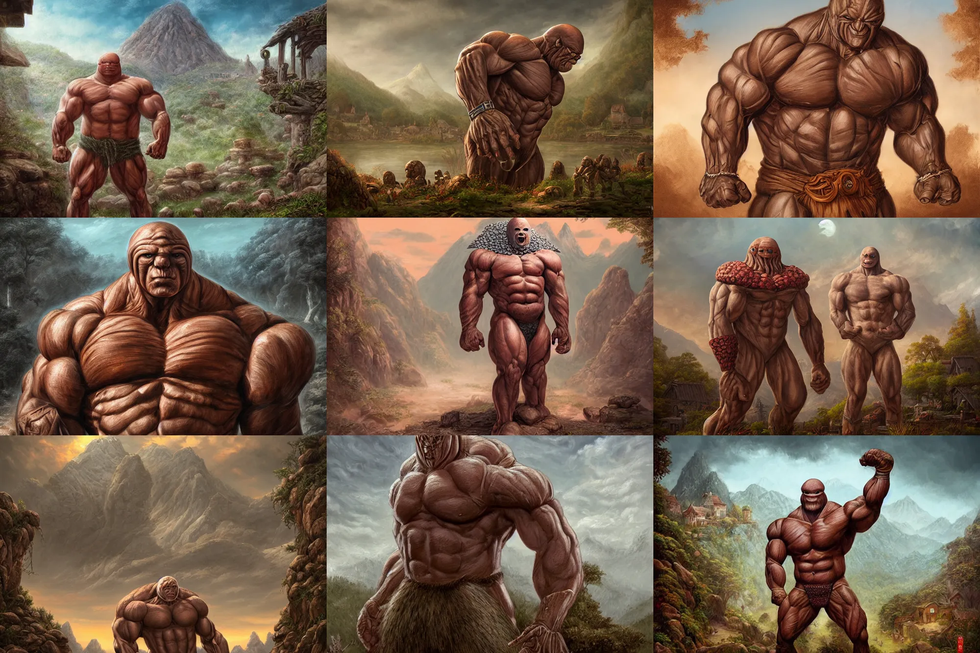 Prompt: highly detailed elden ring portrait photo of a muscular humanoid diglett in a scenic village of even more digletts, hyperrealistic illustration by william didier - pouget