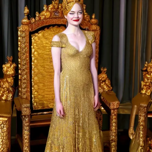 Image similar to A full body shot of Emma Stone wearing a golden Arabian crown , royality, high quality, fully detailed, 4k