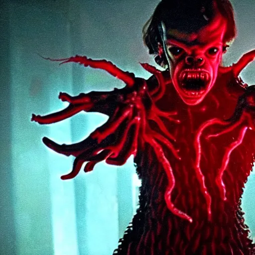 Prompt: demogorgon from stranger things, skin crawling hissing towards the viewer, tv show, still, screencapture, photography, cinematography, extremeely spooky vibe, aggressive stance, gesturing towards the camera, ready for attack, comic lighting, the upside down