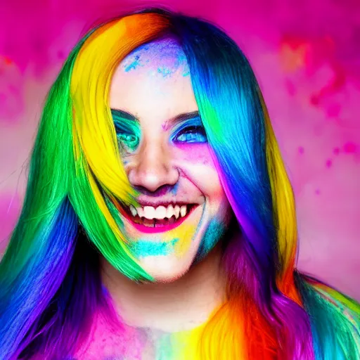 Prompt: smiling woman with rainbow hair and rainbow makeup, viscous rainbow paint, rainbow bg, portrait.