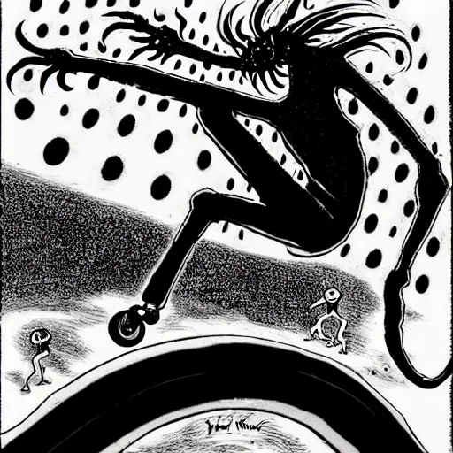 Image similar to black and white trippy comic art of dracularoller skating on roller skates, drawn by martin rowson, tim burton, studio ghibli, alex pardee, nekro petros afshar, james mcdermott, cgsociety 4 k