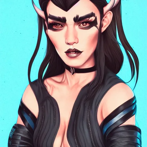 Image similar to illustrated realistic portrait of prong-horned devil woman with blue bob hairstyle and her tan colored skin and with solid black eyes wearing leather by rossdraws