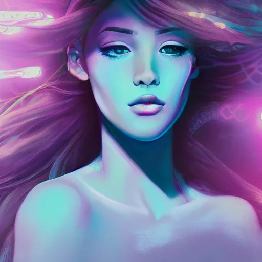 Image similar to high detail portrait of a beautiful woman with her hair down, vaporwave lighting, concept art, soft floral background, beautiful