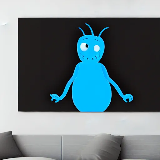 Image similar to portrait of real life mr meeseeks. photo realism. dramatic lighting. living room background. 4 k