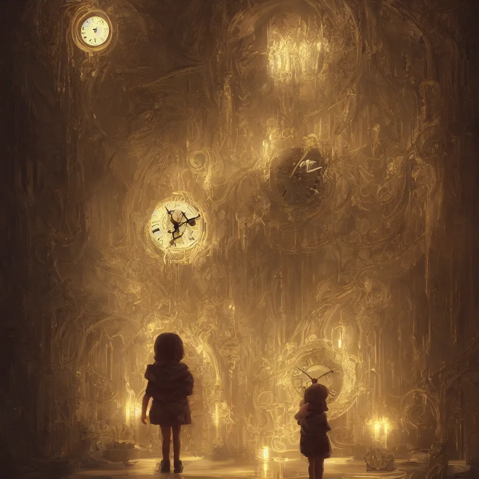 Prompt: a child surrounded by mirror and evil clock, intricate, elegant, glowing lights, highly detailed, digital painting, artstation, concept art, smooth, sharp focus, illustration, greg rutkowski, 8 k, very high resolution, processing, extremely hyperdetailed