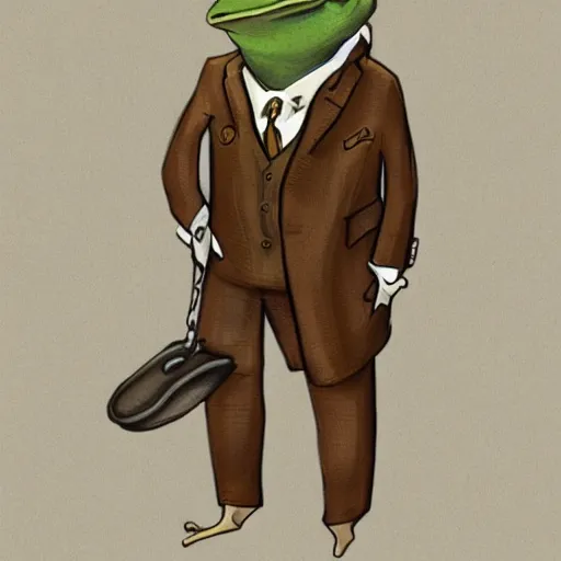 Image similar to frog in brown three. piece suit with pocket watch, concept art style