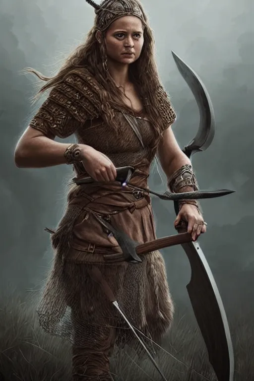 Image similar to gorgeous!! hyper - realistic woman resembling alicia vikander as a battle - worn viking warrior wielding a giant axe | intricate, highly detailed, digital painting, character design, character concept art