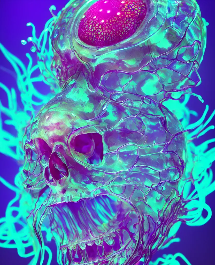 Image similar to close-up portrait of skull dichroic orchid jellyfish skull, betta fish, bioluminiscent creatures, intricate artwork by Tooth Wu and wlop and beeple. octane render, trending on artstation, greg rutkowski very coherent symmetrical artwork. cinematic, hyper realism, high detail, octane render, 8k