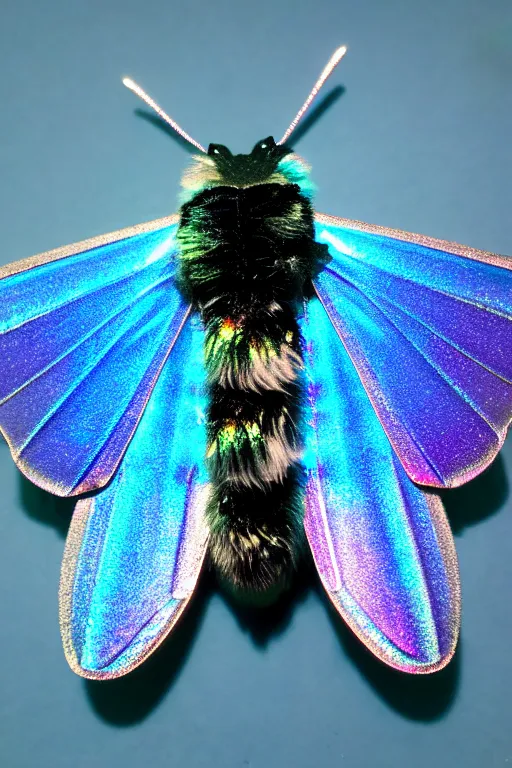 Image similar to high quality macro photo gothic furry iridescent moth! jewelled gorgeous! highly detailed david ligare elson peter cinematic blue neon lighting high quality low angle hd 8k sharp shallow depth of field