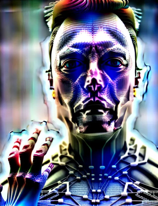 Prompt: complex 3 d elon musk very realistic portlet photo, synthwave colors eyes, black and white, fractal veins. cyborg, 1 5 0 mm, beautiful natural soft light, rim light, fractal details, fine lace, mandelbot fractal, anatomical fractal, glass facial muscles, elegant, ultra detailed, metallic armor, octane render