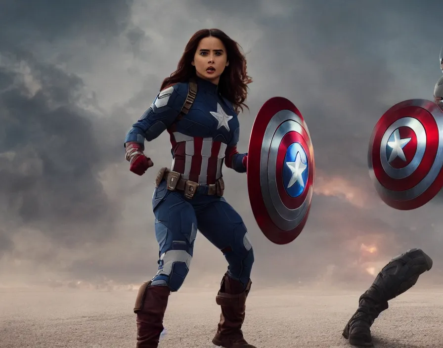 Prompt: movie still of demi rose as captain america, directed by russo brothers, 4 k hd, oscar winning, high detail