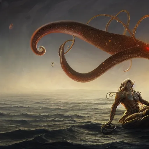 Prompt: epic cinematic shot of a big squid monster with long golden tentacles flying in deep space digital painting, artstation, concept art, soft light, hdri, smooth, sharp focus, illustration, fantasy, intricate, elegant, highly detailed, D&D, matte painting, in the style of Greg Rutkowski and Alphonse Mucha and artemisia, 8k, highly detailed, jurgens, rutkowski, bouguereau, pastoral, rustic, georgic