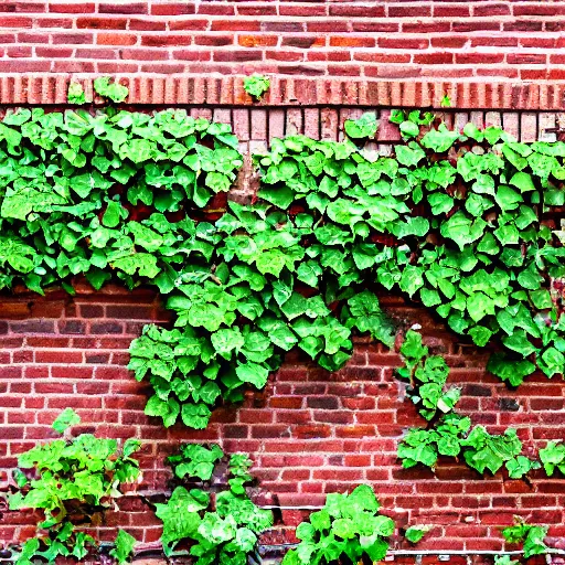 Prompt: a brick wall with plants growing out of it