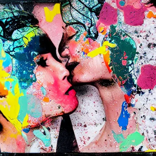 Image similar to double exposure of two women kissing ( closeup ) and an abstract painting, lomography. this photograph is subsequently printed out and splattered with paint. mixed media collage art with magazines and found art