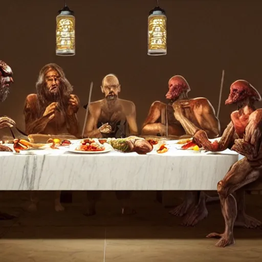 Prompt: hungry cannibals making a rich salad around a marble table, !!positioned as last supper cinematic lighting, dramatic framing, highly detalied, 4k, artstation, by Wayne Barlowe and Rene Lalique