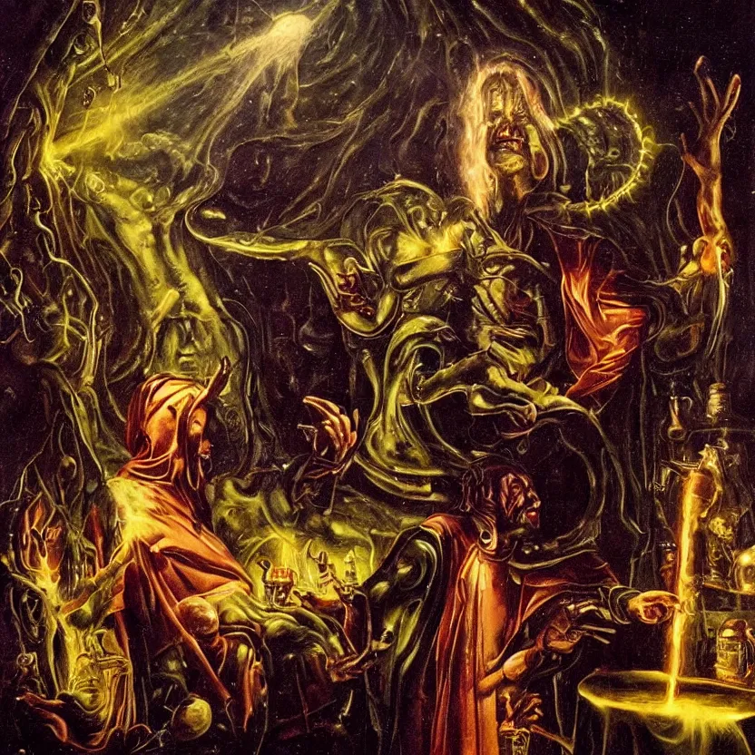 Image similar to alien wizard conjuring glowing magic in a dark laboratory. pulp sci - fi art for omni magazine. baroque period, oil on canvas. renaissance masterpiece.