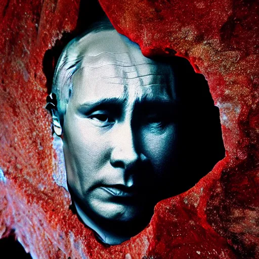 Prompt: carved rock face of putin, stained with blood, photograph lit by flash, as shot by james nachtwey