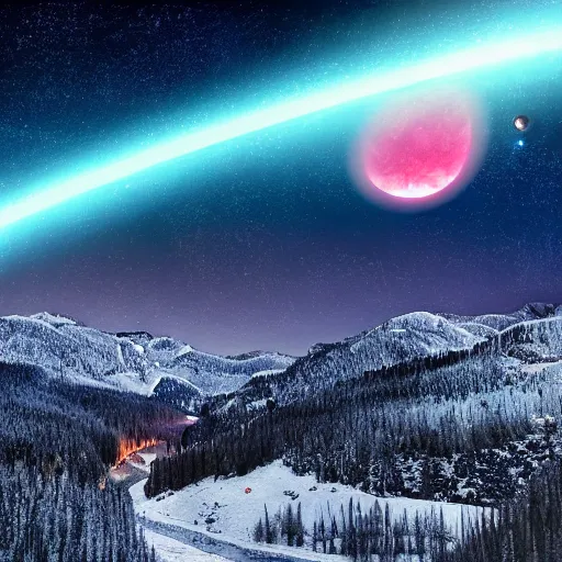 Prompt: A forested valley surrounded by snow-capped mountains at night, a red nebula in the sky, a ringed gas giant in the sky, no clouds, sci-fi, photorealistic