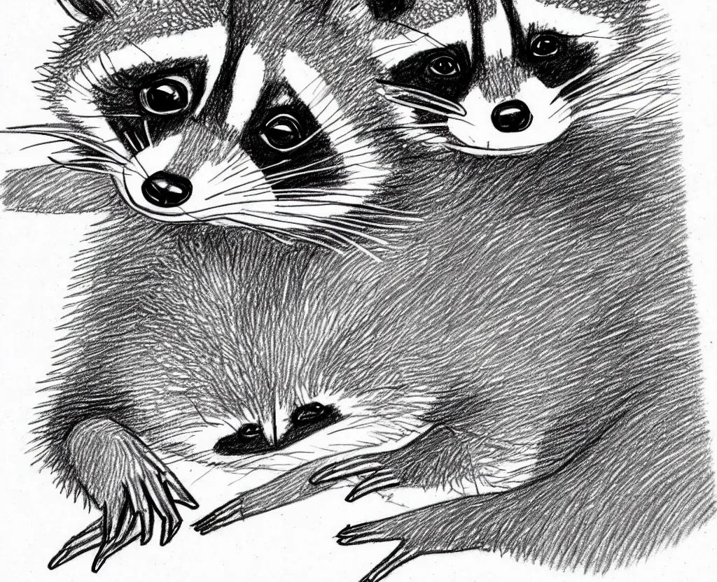 Image similar to detailed pencil sketch of a raccoon holding up and looking at a starfish, children's book