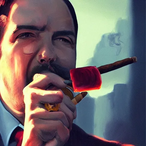 Image similar to andrew tate wearing a suit smoking a cigar on his mouth, dramatic lighting, cinematic, establishing shot, extremly high detail, photorealistic, cinematic lighting, artstation, style by James Gurney