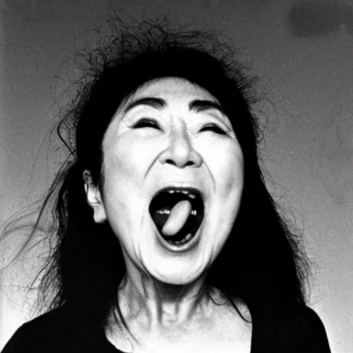 Prompt: yoko ono screaming a spiral galaxy out of her mouth into the universe
