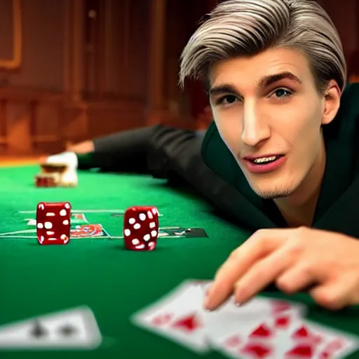 Image similar to a high quality photo of handsome gigachad XQC gambling, photorealism, 8k, artstation