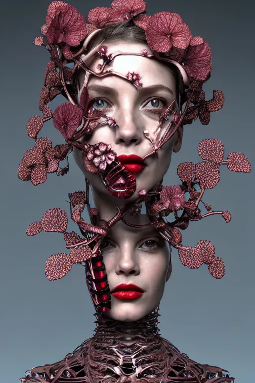Image similar to complex 3 d render, hyper detailed ultrasharp biomechanical mandelbrot fractal filigree female cyborg portrait with a beautiful porcelain profile face, crown with big hydrangea foliage leaves stems roots, red lips, h. r. giger alexander mcqueen haute couture, art nouveau fashion, octane render, 8 k