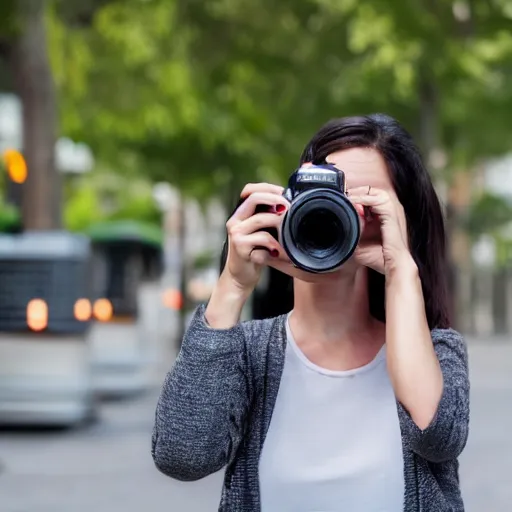 Image similar to woman taking a photograph with a studio camera on the sidewalk outdoors